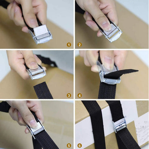 Close-up of Heavy Duty 2 Ft By 1 In Ratchet Strap Set With Cam Buckle showing cam buckle design and nylon webbing, black, 6 pack.
