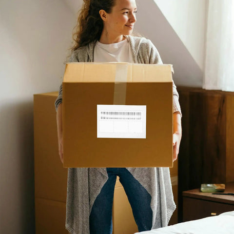 Person holding a box with a Self Adhesive Packing List Envelopes With Window Design Large Capacity Plastic Document Envelopes attached.