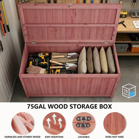 75 Gallon Wood Deck Box Outdoor Storage Bench For Patio Cushions Pillows Garden Tools And Pool Accessories with solid support