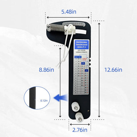 Hands Free Wire Rope Tension Gauge For Three Sixteenths Seven Thirty Seconds One Quarter Inch Cables Marine Grade Rigging Tool With Two Thousand Lb Range Plus Or Minus Five Percent Accuracy No Guesswork For Sailboats Masts Fencing And DIY Tightening, black PT-2 gauge dimensions shown
