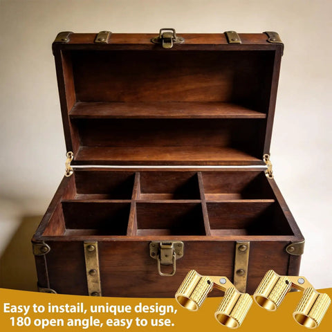 Hidden Brass Barrel Hinges For Wooden Boxes, 180 Degree Opening, visible on wooden box lid, with brass finish