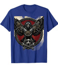 Men S 3X L Royal Blue Mechanical Raven Gear And Piston Wings Biker Design T-Shirt For Dark Riders Custom Bike Shows Rally Vibes Heavy Metal Art, featuring a raven graphic.