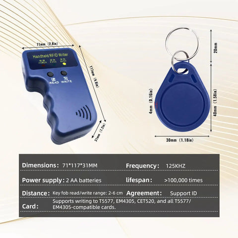 Handheld RFID Card Reader And Writer 125KHz For T5577 And EM4305 Dope Compact Cloner with blue keychain dimensions