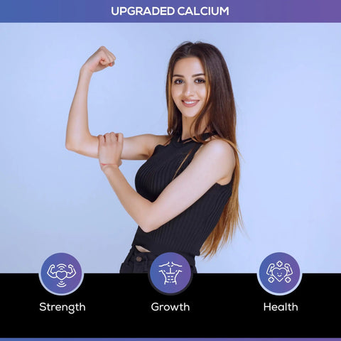 Woman flexing arm muscles illustrating benefits of product 'Calcium Supplement For Strong Bones And Joints, Promotes Hair And Skin Growth, Aids Muscle Recovery And Strength Gains, Keeps You Moving With Daily Wellness, 60 Capsules'.