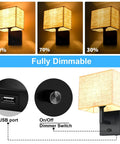 Cozy Plug In Wall Lamp With Dimmer And USB Port, Rustic Contemporary Wall Sconce With Fabric Shade, Square Design shown.
