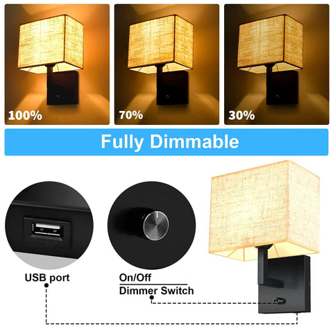 Cozy Plug In Wall Lamp With Dimmer And USB Port, Rustic Contemporary Wall Sconce With Fabric Shade, Square Design shown.