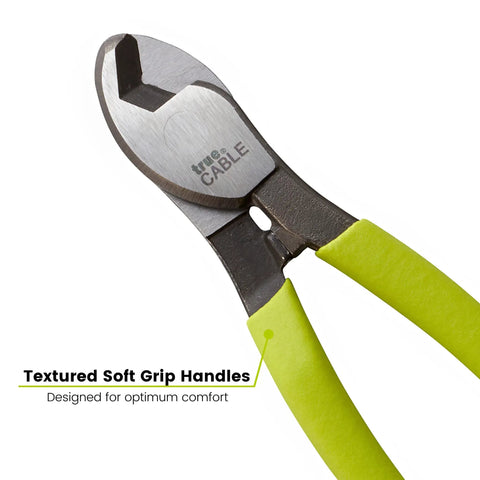 Heavy Duty Cable Cutters Forged In Hardened Carbon Steel Wire Cutter Eats Through Copper And Aluminum Up To 1/0 AWG Without Marring, featuring soft grip handles.