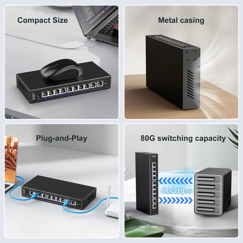 Unmanaged 10Gb Ethernet Switch with 2 10Gb RJ45 Ports and 8 2.5Gb Base-T Ports, compact design, metal casing, 80Gbps capacity