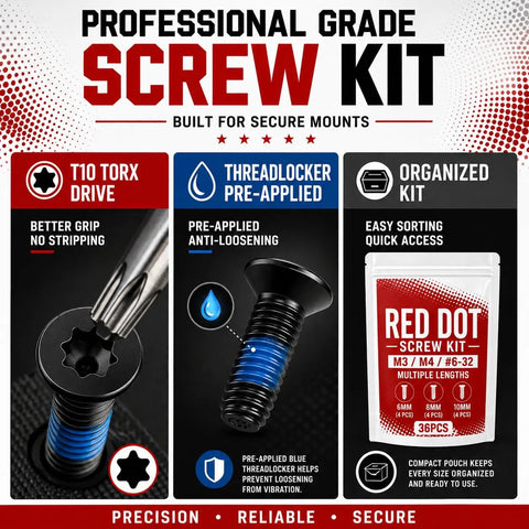KickAss Torx Optic Mounting Screws Kit With M3 M4 And 6-32 Threads Locks Down Hard With Premium Threadlocker detailed view of T10 Torx drive screw with blue threadlocker