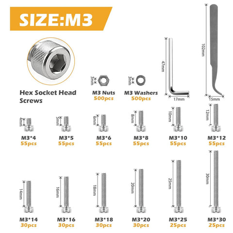Beefy M3 Hex Socket Head Cap Screw Kit From 4mm To 30mm Stainless Steel Bolts With Nuts And Flat Washers Includes Allen Wrench And Curved Tweezers M3 Screws Assortment Set For Electronics RC DIY Projects.