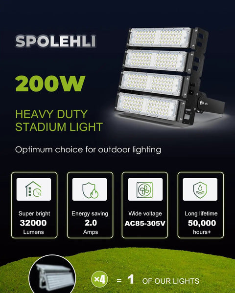Zero Maintenance Industrial LED Stadium Light 200W Flood Beam 32,000 Lumens IP66 Waterproof aluminum housing