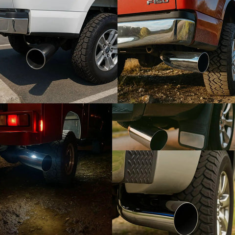 5 Inch Diesel Exhaust Tip Elbow With Clamps on SUVs and Trucks, showcasing rust-resistant chrome finish and easy clamp installation.