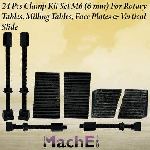 24 Piece Clamp Kit Set M6 for Rotary Tables, Milling Tables, Face Plates and Vertical Slides displayed on a table