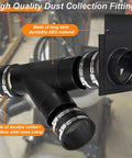 Heavy Duty Four Inch Dust Collection Kit With Y Splitter Hose Connector And Blast Gate Valve For Shop Ready Setup Plus Three Rugged Flex Cuffs. Image shows Y splitter with durable rubber and stainless steel clamps.
