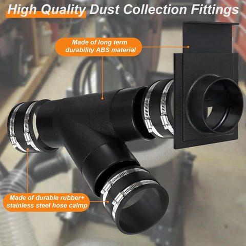 Heavy Duty Four Inch Dust Collection Kit With Y Splitter Hose Connector And Blast Gate Valve For Shop Ready Setup Plus Three Rugged Flex Cuffs. Image shows Y splitter with durable rubber and stainless steel clamps.
