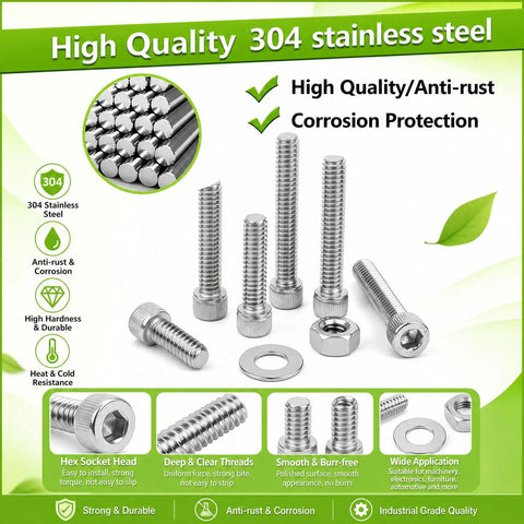 Heavy Duty M4 Screws Kit With 304 Stainless Steel Hex Socket Head Bolts Nuts And Washers, corrosion protection display
