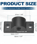 Detailed view of Six Pack M8 T Slot Leg Connectors Aluminum Corner Brackets with dimensions for Profile Extrusion Caster Mounting Plates.