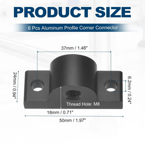 Detailed view of Six Pack M8 T Slot Leg Connectors Aluminum Corner Brackets with dimensions for Profile Extrusion Caster Mounting Plates.