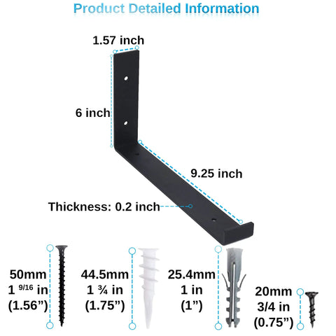 Heavy Duty Floating Shelf Brackets 6 Pack, 10 Inch Long, 6 Inch High, Black Metal Wall Mount dimensions with hardware set