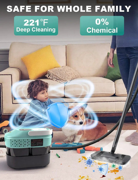 Mint Green 19 In 1 Detachable Steam Mop With Handheld Unit And Huge 54 Oz Tank for deep cleaning in a family setting.