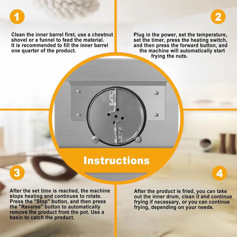 Instructions for using Heavy Duty Electric Nut And Coffee Bean Roaster With Thumb Turn Temp Dials Auto Shutoff Nonstick Drum Pan.