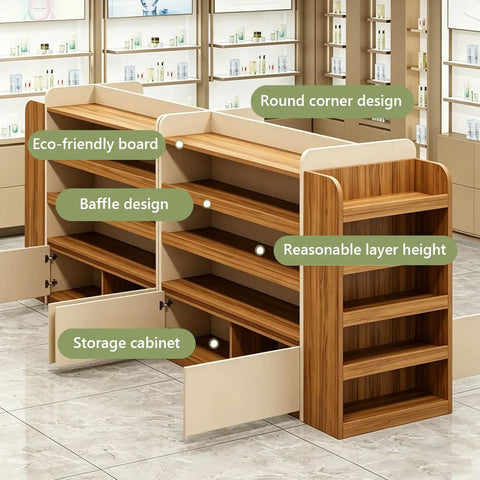 Heavy Duty Double Sided Gondola Shelving With Storage Cabinet Built Tough For Retail Shops And Boutiques Two Tone Commercial Rack Shop Ready Real Deal Display System
