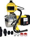 Rock Solid 1HP Water Pressure Booster Pump With Automatic Switch For Whole Home Water Flow And Shallow Well Jobs Featuring Heavy Duty Stainless Steel Build showing control panel and stainless steel body.