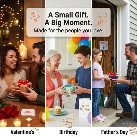 Three-panel image showing people exchanging gifts on Valentine's Day, a birthday, and Father's Day, emphasizing heartfelt moments.