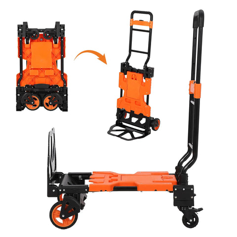 2-In-1 Folding Hand Truck Dolly With 330 Lb Capacity, Convert From Two-Wheel Dolly To Four-Wheel Flatbed Cart In Seconds, Heavy-Duty Steel Frame, Folds Flat For Easy Storage And Fast Jobsite Hauls, shown folded and open
