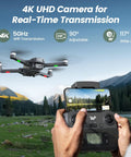 Hands holding controller for 4K Drone With Camera For Beginners Easy To Fly Foldable GPS FPV Quadcopter, mountain landscape on screen.