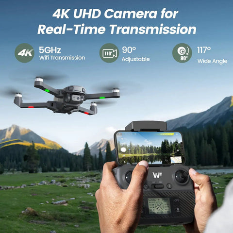 Hands holding controller for 4K Drone With Camera For Beginners Easy To Fly Foldable GPS FPV Quadcopter, mountain landscape on screen.