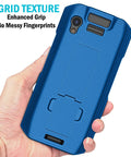 Sweet Kickstand Hard Shell Case And Rotating Belt Holster Bundle For Portable Scanners Featuring Snappy Trigger Access and Dependable Daily Workhorse, blue textured case in hand.