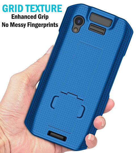 Sweet Kickstand Hard Shell Case And Rotating Belt Holster Bundle For Portable Scanners Featuring Snappy Trigger Access and Dependable Daily Workhorse, blue textured case in hand.