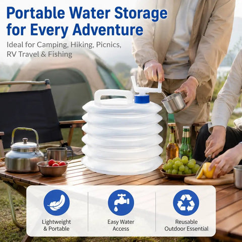 Person using Grab And Go Collapsible Water Container With Spigot For Travel And Camping on wooden picnic table outdoors.