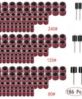 186 Piece Sanding Drum Set With 180 Sanding Bands In One Half Inch, Three Eighth Inch And One Quarter Inch Diameters, Grits 80 120 240, Plus 6 Mandrels For Rotary Tools, Aluminum Oxide Cloth Backed Rings For DIYers And Pro Grinders shown in rows with mandrels.