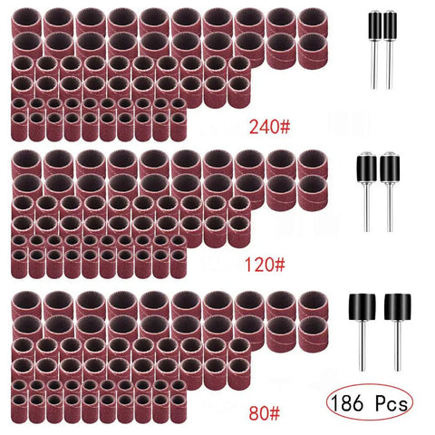 186 Piece Sanding Drum Set With 180 Sanding Bands In One Half Inch, Three Eighth Inch And One Quarter Inch Diameters, Grits 80 120 240, Plus 6 Mandrels For Rotary Tools, Aluminum Oxide Cloth Backed Rings For DIYers And Pro Grinders shown in rows with mandrels.