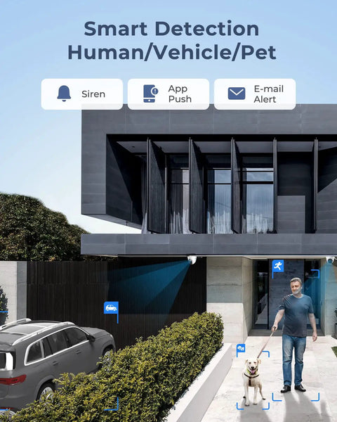 Modern home with 12MP PoE Security Camera System With 8 Cameras, H.265, 16 Channel NVR, 4TB HDD, detecting person and pet.