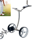 Dead Silent Electric Golf Cart With Three Sturdy Wheels And An Easy Fold Frame ready for use on the course with a golfer in the background.