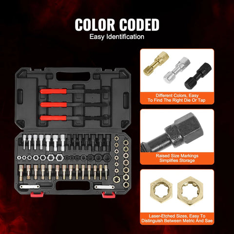 VEVOR 61-piece thread restorer kit in hard case; UNC/UNF and metric dies, taps, color-coded components
