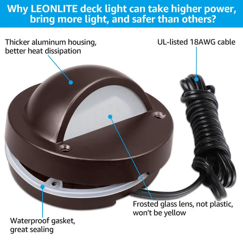Low Voltage LED Deck Lights Set For Outdoors, 170 Lumen 4.09 Inch Landscape Step Rail Fence Lighting, 12 To 36V AC DC, Die Cast Aluminum Housing With Frosted Glass Lens, UL Listed Cord, Brown Finish, 3000K Warm White, 6 Pack