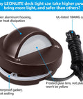 12 Pack LED Low Voltage Deck Lights With 170 Lumen Output 4 Inch Landscape Step Railing Fence Light 12 To 36 Volt AC Or DC Die Cast Aluminum Housing With Frosted Glass Lens UL Listed Cord Brown Finish 3000K Warm White showing thick aluminum housing and cord
