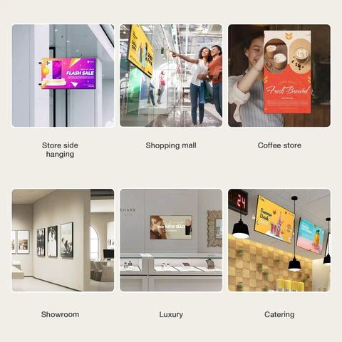Heavy Duty 100 Inch Digital Signage Display Featuring Kickass 4K Resolution And Ultra Thin Zero Point Six Eight Bezel in store and shopping settings.