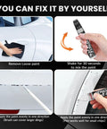 White Car Scratch Repair Pen For Quick Color-Matched Touch Up Paint in use on a car's scratched surface with instructions shown.