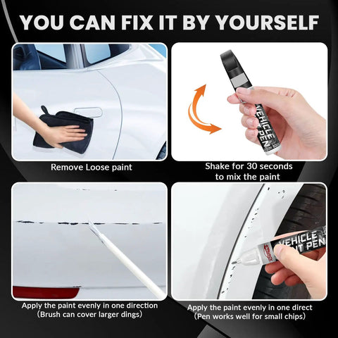 White Car Scratch Repair Pen For Quick Color-Matched Touch Up Paint in use on a car's scratched surface with instructions shown.