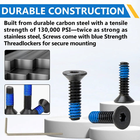 Durable 8 Piece Bulletproof Nuclear Strength Red Dot Screw Set And Top Tier Optic Mount Kit For Holosun Trijicon RMR SRO Compatible With Glock Slides Carbon Steel hardware with blue threadlockers.