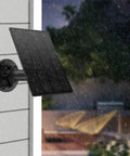 Mounted solar panel for security camera 5V 3.5W with micro USB and USB C ports, outdoor waterproof IP65, shown in rainy weather.