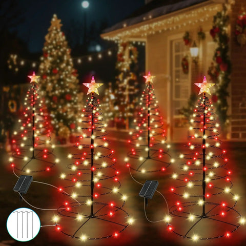 8 Foot Lit RGB LED Christmas Cone Tree With App Control Remote Timer Music Sync Outdoor Indoor Holiday Decor Color Changing Light Show For Patio Yard Storefronts in night scene with lights glowing.