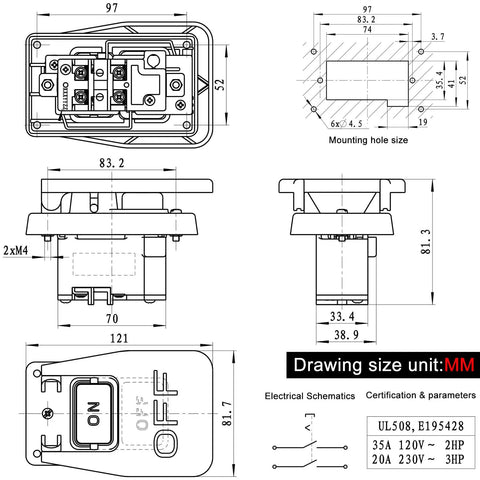 Technical schematic of Dual Voltage Emergency Stop Switch for Woodworking And Industrial Machinery, 120 Volt And 230 Volt, 2 Pole