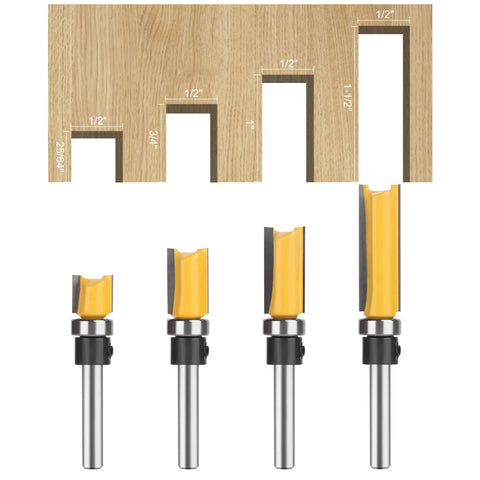 Smooth Operator 4 Piece 1/4 Inch Shank Flush Trim Router Bit Set With Bottom Bearings And Quick Swap Blades for template cutting.