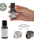Beadsmith XL Gel Liver of Sulphur Gel, 1 oz bottle, held in hand; two bottles visible for patina on silver and copper